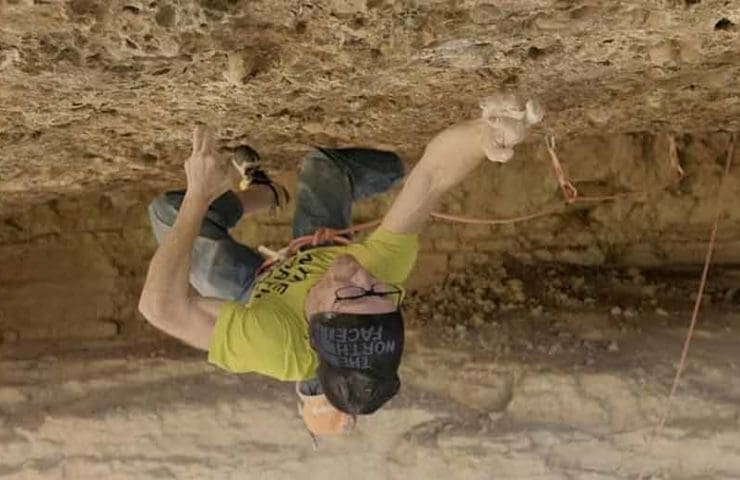 Iker Pou climbs the route Artaburu in a monster roof at Margalef