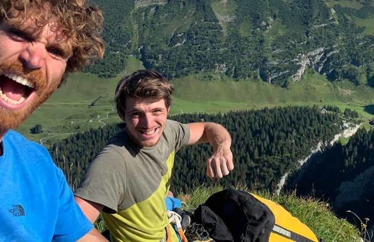 Nils Favre and Siebe Vanhee climb the multi-pitch route Parzival (8b)