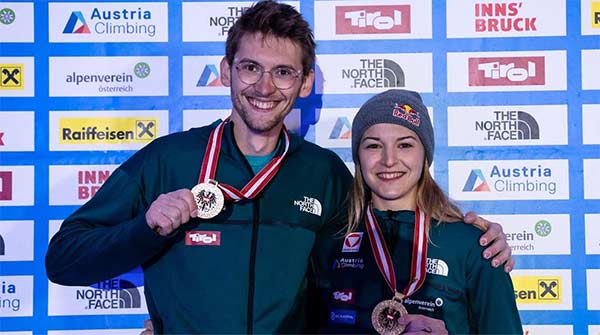Glückliche Sieger in der Gesamtwertung der österreichischen Staatsmeisterschaften: Georg Parma und Jessica Pilz. Bild: Austria Climbing