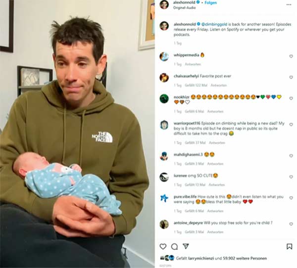 Alex Honnold not only shows his climbing achievements on Instagram, but also private things like here a picture with his daughter.