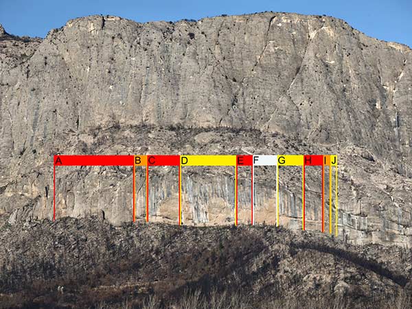 So stark hat der Grossbrand das Klettergebiet getroffen: Rot: schwer betroffene Zone, orange: stark betroffene Zone, gelb: weniger (aber doch) betroffene Zone, weiss: Situation unklar. Grafik: Chris Frick