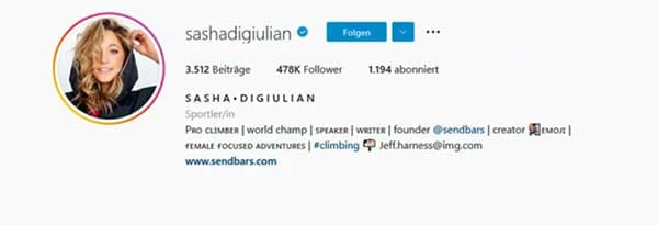 Die amerikanische Kletterin Sasha DiGiulian hat früh mit der Selbstvermarktung auf den sozialen Medien begonnen und zählt mit 478 000 Followern auf Instagram zu den bekanntesten Kletterern auf dieser Plattform.