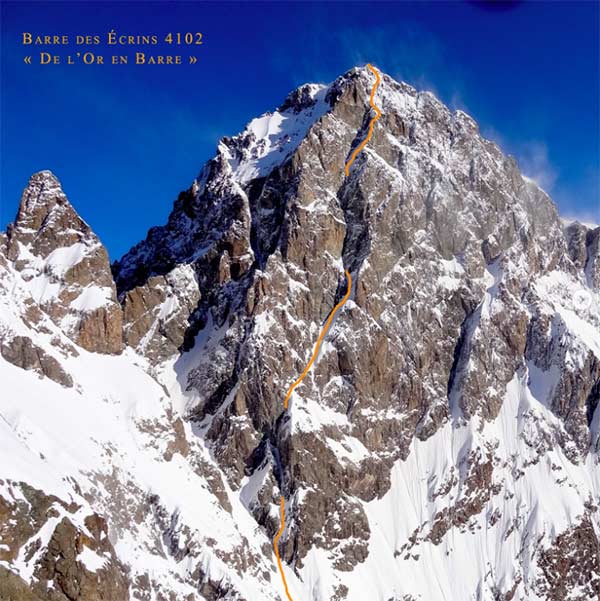 Die imposante Südwand des Barre des Écrins mit der Erstbegehung des französischen Bergführer-Trios. Bild: Benjamin Védrines