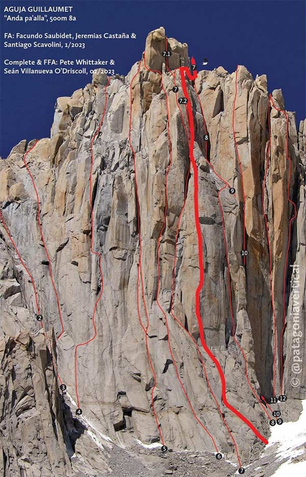 Anda pa'alla (500m, 8a) in der Westwand der Aguja Guillaumet. Bild: Patagoniavertical