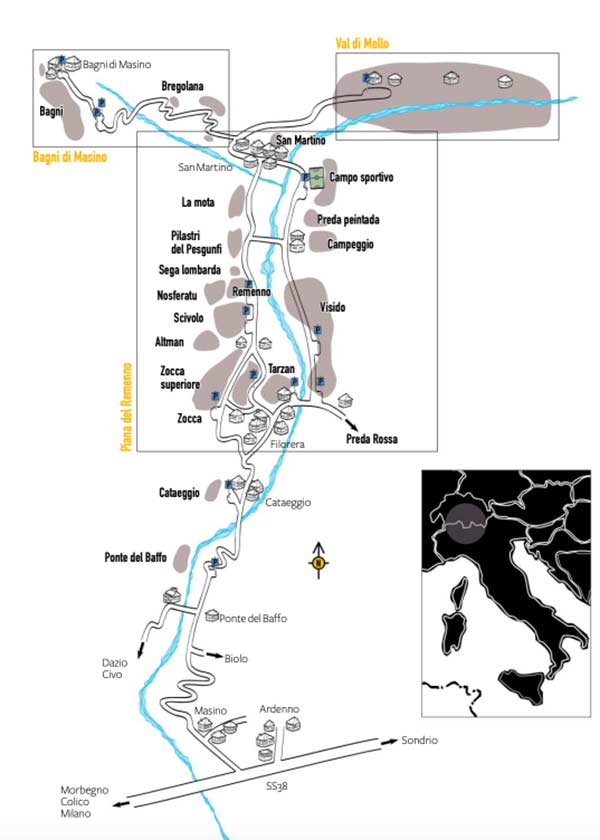 Descripción general de la zona de boulder Val Masino. Gráfico: Versante Sur