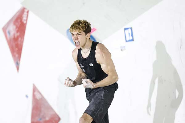 Mejdi Schalck is happy about his strong performance at the IFSC Bouldering World Cup in Hachioji. Image: Dimitris Tosidis/IFSC