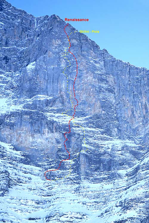 Route of Renaissance (30 SL, 7c), the new trad route by Peter von Känel and Silvan Schüpbach in the north face of the Eiger. Image: Silvan Schuepbach
