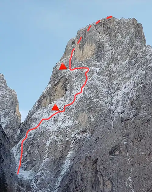 Ultima Perla Ground Up: Die Route von Lukas Hinterberger, Simon Gietl und Michi Wohlleben durch die Nordwand des Monte Agnèr.